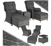 tectake® Set in Rattan Benissa, Salotto da Giardino Esterno con Poltrone, Telaio in Alluminio, Poggiapiedi, Tavolino Salotto con Lastra in Vetro, Cuscini Idrorepellenti - Grigio-Mélange/Grigio
