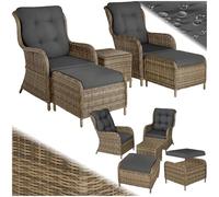 tectake® Set in Rattan Benissa, Salotto da Giardino Esterno con Poltrone, Poggiapiedi, Tavolino Salotto con Lastra in Vetro, Cuscini Idrorepellenti, Design Elegante - Naturale