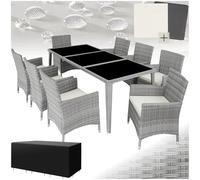 TecTake® Set Mobili da Giardino, Set Sedie da 8 e Tavolo da Giardino con Piano in Vetro, Regolabile, Cuscini, 2 Set Rivestimenti, Copertura, Set in Rattan da Esterno - Grigio Chiaro