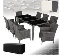 TecTake® Set Mobili da Giardino, Set Sedie da 8 e Tavolo da Giardino con Piano in Vetro, Regolabile, Cuscini, 2 Set Rivestimenti, Copertura, Set in Rattan da Esterno - Grigio