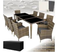 tectake® Set Mobili da Giardino, Set Sedie da 8 e Tavolo da Giardino con Piano in Vetro, Struttura in Alluminio, Regolabile, Cuscini, 2 Set Rivestimenti, Copertura, Set in Rattan da Esterno - Naturale