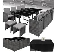 TecTake® Set Palma in Rattan per Giardino, 8 Sedie, 4 Sgabelli, 1 Tavolo con Piano in Vetro Temperato, Struttura in Acciaio, Involucro di Protezione, Arredo Giardino - Grigio/Grigio Chiaro