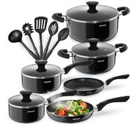 Tectake® Set Pentole Alluminio Antiaderente, 15 Pezzi, Coperchi Vetro | 2 Padelle Antiaderenti e 5 Utensili da Cucina, Coperchi in Vetro con Sfiato del Vapore, Manici Resistenti al Calore, Nero