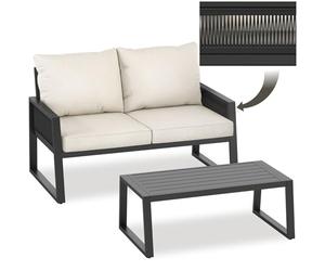 tectake® Set Salottino da Giardino, Telaio in Alluminio Antiruggine, Divano, Cuscini Spessi, Tavolo da Giardino, Regolabile, Set Salotto da Esterno, Design a Corda - Stile 2, 2 Posti + Tavolo