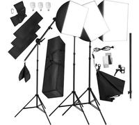 tectake® Set di Luci da Studio Fotografico con Lampada, Set Fotografico Portatile, 3 Stativi per Luci, 3 Lampade, 3 Softbox, 1 Stativo a Giraffa, Borsa per Trasporto Inclusa - Nero
