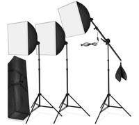 tectake® Set Softbox Luci per Studio Fotografico con Lampada, Set Fotografico 17 pz, Struttura Alluminio, 3 Stativi per Luci, 3 Lampade 6500K led 18 W, 3 Softbox, 1 Stativo a Giraffa, 4 Borse - Nero
