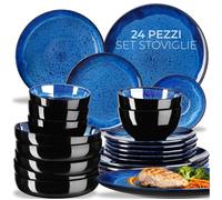 tectake® Set stoviglie 24 pezzi terracotta, servizio piatti 6 persone, set piatti moderni grandi, piccoli, fondi, ciotole, gres smaltato, design moderno, adatto lavastoviglie microonde - Blu