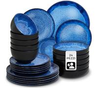 tectake® Set stoviglie 24 pezzi terracotta, servizio piatti 6 persone, set piatti moderni grandi, piccoli, fondi, ciotole, gres smaltato, design moderno, adatto lavastoviglie microonde - Blu