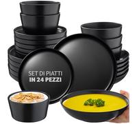 tectake® Set Stoviglie in Terracotta 24 Pezzi, Servizio Piatti 6 Persone, Set Tavola dal Design Moderno, Set Piatti Adatto per Lavastoviglie e Microonde, Impilabile - Nero