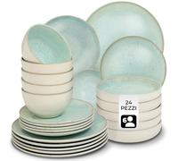 tectake® Set stoviglie 24 pezzi terracotta, servizio piatti 6 persone, set piatti moderni grandi, piccoli, fondi, ciotole, gres smaltato, design moderno, adatto lavastoviglie microonde - Menta