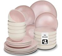 tectake® Set stoviglie 24 pezzi terracotta, servizio piatti 6 persone, set piatti moderni grandi, piccoli, fondi, ciotole, gres smaltato, design moderno, adatto lavastoviglie microonde - Rosa