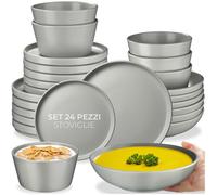 tectake® Set stoviglie 24 pezzi terracotta, servizio piatti 6 persone, set piatti moderni grandi, piccoli, fondi, ciotole, gres smaltato, design moderno, adatto lavastoviglie microonde - Grigio