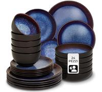 tectake® Set stoviglie 24 pezzi terracotta, servizio piatti 6 persone, set piatti moderni grandi, piccoli, fondi, ciotole, gres smaltato, design moderno, adatto lavastoviglie microonde - Blu/Marrone