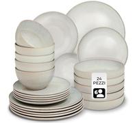 tectake® Set stoviglie 24 pezzi terracotta, servizio piatti 6 persone, set piatti moderni grandi, piccoli, fondi, ciotole, gres smaltato, design moderno, adatto lavastoviglie microonde - Sabbia