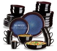 tectake® Set stoviglie 30 pezzi terracotta, servizio piatti 6 persone, set piatti moderni grandi, piccoli, fondi, ciotole, tazze, gres smaltato, design moderno, lavastoviglie microonde - Blu/Marrone