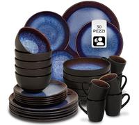 tectake® Set stoviglie 30 pezzi terracotta, servizio piatti 6 persone, set piatti moderni grandi, piccoli, fondi, ciotole, tazze, gres smaltato, design moderno, lavastoviglie microonde - Blu/Marrone