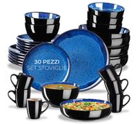 tectake® Set stoviglie 30 pezzi terracotta, servizio piatti 6 persone, set piatti moderni grandi, piccoli, fondi, ciotole, tazze, gres smaltato, design moderno, lavastoviglie microonde - Blu