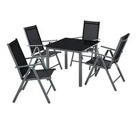 TecTake® Set Tavolo da Esterno con Sedie, 1 Tavolo da Giardino con Piano in Vetro e 4 Sedie Pieghevoli, Schienale Reclinabile in 8 Posizioni, Set Resistente alle Intemperie - Grigio Scuro