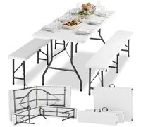 tectake® Set Tavolo da esterno e 2 Panche Pieghevoli, Set Tavolo Pieghevole da Campeggio e 2x Panca da Esterno, Ripiegabile a forma di Valigia, Blocco di sicurezza, Struttura in Acciaio - Bianco