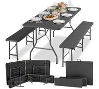 tectake® Set Tavolo da esterno e 2 Panche Pieghevoli, Set Tavolo Pieghevole da Campeggio e 2x Panca da Esterno, Ripiegabile a forma di Valigia, Blocco di sicurezza, Struttura in Acciaio - Antracite