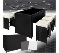 tectake® Set Tavolo e Sgabelli da Bar in Polyrattan Ibiza, Set da Bar 7 Pezzi, Telaio in Alluminio, 1 Tavolo con Lastra in Vetro, 6 Sgabelli, Comodi Cuscini, Involucro Protettivo Incluso - Nero