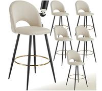 TecTake® Sgabello da bar con schienale in velluto, set da 6 sgabelli, sgabello imbottito, gambe in acciaio, poggiapiedi regolabile, piedini antiscivolo, ideale per cucina e bar - Crema/Nero