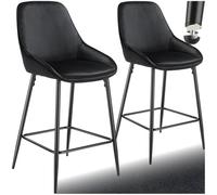 TecTake® Sgabello da bar con schienale, set da 2 sgabelli alti in velluto con poggiapiedi, seduta regolabile in altezza con gambe in acciaio, protezione pavimento, per bar e penisola cucina - Nero