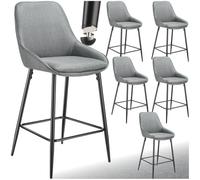 TecTake® Sgabello da bar con schienale, set da 6 sgabelli alti in tessuto con poggiapiedi, seduta regolabile in altezza con gambe in acciaio, protezione pavimento, per bar e penisola cucina - Grigio