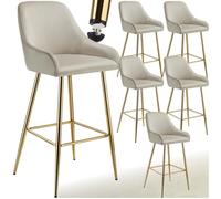 TecTake® Sgabello da bar con schienale, set da 6 sgabelli alti in velluto con poggiapiedi perimetrale, gambe in acciaio zincato, piedini regolabili antiscivolo, per bar e penisola cucina - Crema/Oro