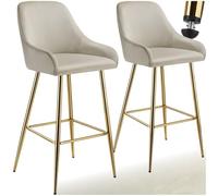 tectake® Sgabello da Bar Imbottito in Velluto, Schienale, Poggiapiedi | Gambe in Acciaio, Piedini Antiscivolo Regolabili, Carico 120 kg, Montaggio Semplice, Set 2 Pezzi, Seduta Comoda, Crema/Oro
