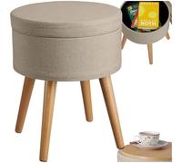 TecTake® Sgabello Imbottito con Effetto Lino, Mobile Rotondo, Scompartimento Interno, Gambe in Pino con Feltrini, Design Elegante e Resistente - Sabbia