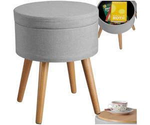 tectake® Sgabello Imbottito con Effetto Lino, Mobile Rotondo, Scompartimento Interno, Gambe in Pino con Feltrini, Design Elegante e Resistente - Grigio Chiaro