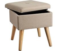 TecTake 800838 Sgabello Imbottito Effetto Lino, Gambe in Legno Massello, Pratico Scompartimento, capacità Massima di Carico 300 kg, Mobile Poggiapiedi, Nuovo (Sabbia)
