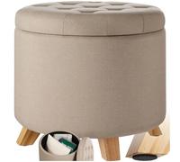 TecTake® Sgabello Rotondo in Lino, Pouf Contenitore con Grande Scomparto, Gambe in Legno Massiccio, Capacità di Carico 150 Kg, Ø 44,5 cm, 41,5 cm di Altezza - Sabbia