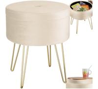 TecTake® Sgabello Rotondo Vellutato, Pouf Contenitore, Effetto Velluto, Pouf Poggiapiedi, Grande Scomparto Interno, Pouf Letto, Gambe Oro Scintillanti, Capacità Massima 300 kg - Bianco Crema