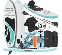 tectake® SUP Gonfiabile, Tavola Stand-Up Paddle Versatile, Materiale Drop-Stitch, 3 Pinne con Pinna Removibile, Pagaia in Alluminio Regolabile, Antiscivolo in Schiuma EVA - Turchese/Nero