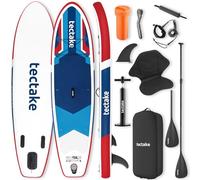 tectake® SUP Gonfiabile, Tavola SUP Versatile 2in1, Drop-Stitch, 3 Pinne con Pinna Removibile, 5 Anelli, Pagaia in Alluminio Regolabile, Antiscivolo in Schiuma EVA, Zaino per il trasporto - Rosso/Blu