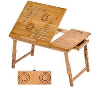 tectake® Tavolino da letto 55x35x26cm, Tavolino pieghevole per Notebook, Tablet, Kindle, Scrivania Portatile Inclinazione Regolabile, Ventole attacco USB, Divano e Camera da Letto, Legno di Bambù