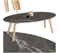 TecTake® Tavolino da Salotto, Tavolo da Giardino, Tavolo da Caffè Ovale per Interno ed Esterno, Tavolino Effetto Marmo con Gambe in Legno Massiccio, 100x50x34,5 cm - Naturale