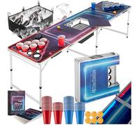 TecTake® Tavolo da Beer Pong Regolabile, Pieghevole, Vano Ghiaccio, Illuminazione LED 3 modalità, MDF Robusto, Telaio Alluminio, Stampa Elegante, 100 Bicchieri, 6 Palline, Antiscivolo