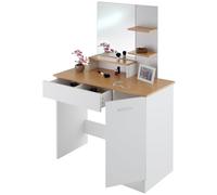 TecTake® Tavolo da Trucco Moderno con Grande Specchio, Toeletta Trucco con Cassetto Suddiviso, Tre Ripiani Aperti, Postazione Trucco con Doppiofondo e Portella - Zoe, Bianco/Faggio