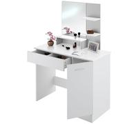 tectake® Tavolo da Trucco Moderno con Grande Specchio, Toeletta Trucco con Cassetto Suddiviso, Tre Ripiani Aperti, Postazione Trucco con Doppiofondo e Portella - Zoe, Bianco