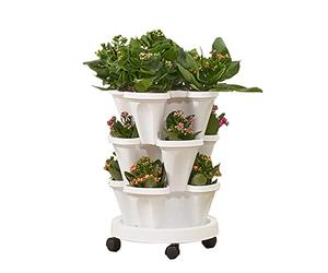 Tectsia Fioriera verticale a torre da giardino a 3 ripiani, impilabile, con ruote mobili e sottovaso inferiore, per interni ed esterni, bianco