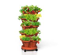 Tectsia - Fioriera verticale per fragole a 5 livelli, fioriera a torre impilabili per erbe aromatiche e ortaggi con rotelle mobili e sottovaso per interni ed esterni, terracotta