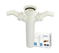 tecuro 58727 - Tubo di regolazione per sifone a lavello, attacco 1 1/2", diametro tubo: 40 mm, lunghezza 200 mm, accorciabile, con 2 attacchi per dispositivi, plastica, colore bianco