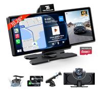 TECXERLLON Schermo Carplay wireless da 10,3" per auto con telecamera da cruscotto 4K e telecamera di backup 1080p, ricevitori audio portatili per auto con Carplay e Android Auto, navigazione GPS