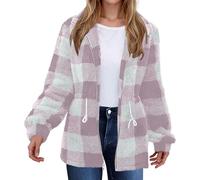 Teddy - Giacca in pile da donna, casual, a quadretti, taglie grandi, in peluche, con cappuccio, con colletto rovesciato, a maniche lunghe, con bottoni, RD1, XXL