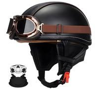 Tedesco Stile Pelle Mezzo Casco per Adulto Uomini Donne, ECE Approvato, Annata Motocicletta Casco Aperto con Moda Occhiali, per Chopper Incrociatore Scooter Bicicletta(T3,M/57~58CM)