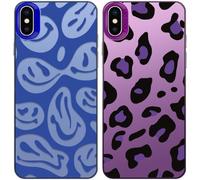 Tedyhulle 2 custodie per iPhone X/XS, divertenti sorrisi viso e leopardato, morbido TPU paraurti con custodia rigida in PC, antiurto, antigraffio, viola e blu