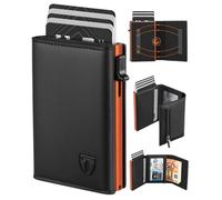 TEEHON Portafoglio Uomo Slim, Pop-up Porta Carte di Credito Uomo, Portacarte in Pelle con Protezione RFID, Portamonete e Scomparti Banconote, Regalo uomo con Confezione (Arancione Nero)